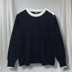 ジュンコシマダ ニット L 紺 ドット柄 バイカラー クルーネック 長袖 秋冬