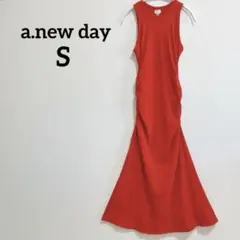 a.new day【S】ノースリーブ ロングワンピース S レッド リブ フレア