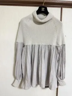 ニットプリーツチュニック セーター　ブラウス　ドッキング　トップスプリーツ美品