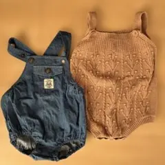 デニム　オーバーオール　ロンパース　ニット　ママラク　70