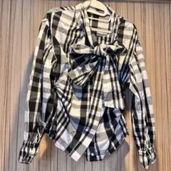 リボン付きチェック柄長袖シャツ