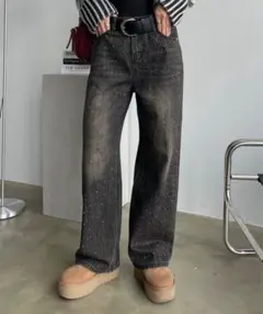 スパンコール装飾 ブラック ワイドレッグデニムパンツ