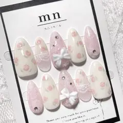 【現品】ネイルチップ　春　手書き　薔薇　バラ　ガーリー　ゆめかわ　レース