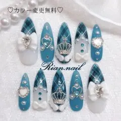 【No.013】ネイルチップ♡チェック柄♡ハート♡リボン♡ブルー系