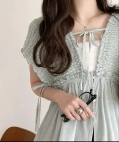 シャーリングリボントップス　ブルーのサムネイル