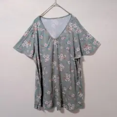 ​花柄 Vネック カットソー チュニック 2L 3L相当 半袖 大サイズ 古着