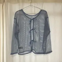 メッシュ 長袖 リボンカーディガン ブルーのサムネイル