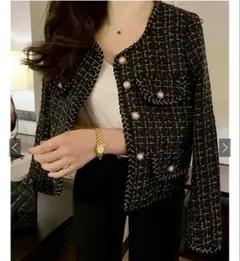 ラメツイードパールボタンノーカラージャケット[ks166]