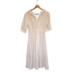 AMESUN 五分袖 ワンピース ウエスト切替 Vネック リボン フレア