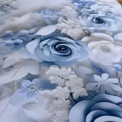 1㍍長新仕様立体水色の白の花の綿シーチングプリント生地ハギレ布