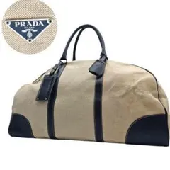希少 PRADA ボストンバッグ 三角ロゴ キャンバス×レザー 南京錠 鍵付き