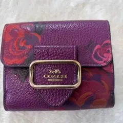 【美品】COACH コーチ 二つ折り財布 パープル 花柄 ゴールド金具