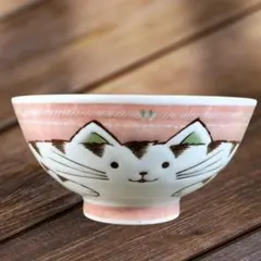 猫デザイン 陶器 茶碗 ピンク