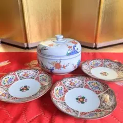 【未使用品】有田焼 聖山窯　錦梅鳥文 蓋付き漬物鉢 と 徳三郎窯　縁起物小皿3枚