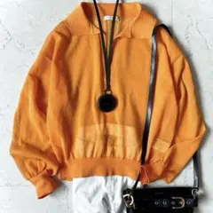 美品 マカフィー 薄手コットン シアー スキッパー 長袖 ポロニット オレンジ