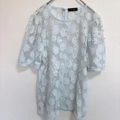 1点もの✨️パール付きレースブラウス フリーサイズ 水色系 半袖 春服夏服