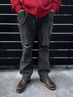 ダークグレー ダメージデニムパンツ