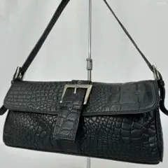【美品】クロコ型押し ワンハンドバッグ アクセサリーポーチ ワンショルダー 黒