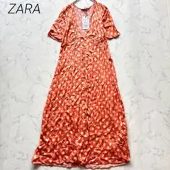 ZARA ドット柄ロングワンピース　オレンジ　くるみボタン　M 半袖　Vネック