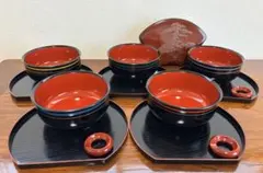 5客セット 漆器 盆 箸置き 半月盆 椀 山中漆器 5色 扇形 昭和 膳
