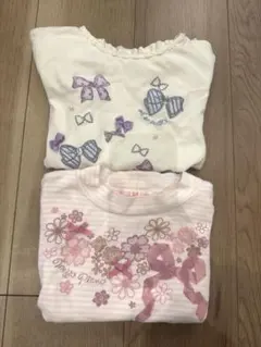 【mezzo piano】リボンと花の刺繍 長袖カットソー2枚セット【120】