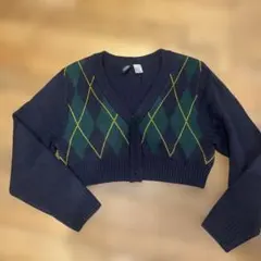 アーガイル柄 ネイビー クロップドカーディガン XS