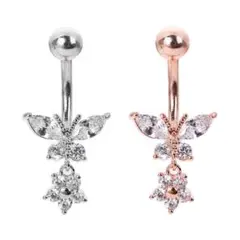 シルバー 蝶と花のボディピアス 14G へそピアス ジルコニア 金アレ対応