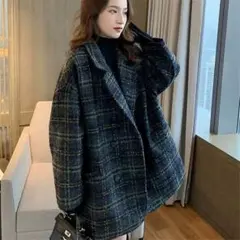 ネイビー系チェックオーバーサイズチェスターコート