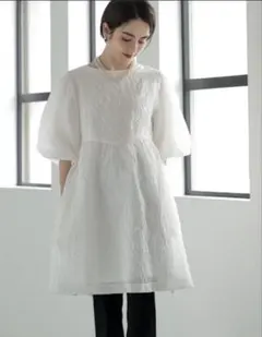 Re:EDITバックリボンパフスリーブジャガードワンピース