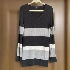 ロートレアモンlafグレー系ストライプ Vネックニット M
