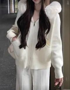 フード付きニットセーターカーディガン M
