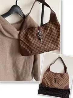 GUCCI GG柄ジャッキーバッグ　ブラウン　大きめショルダーバッグ　ビンテージ