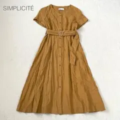 【シンプリシテェ】リネン混シャツワンピース 半袖 Ｖネック ベルト付 フェミニン