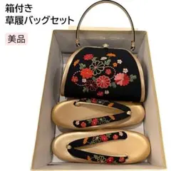 美品 成人式 卒業式 草履バッグセット 振袖 袴 黒 花刺繍 箱付き