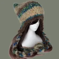猫耳ニット帽耳あて付き ハンドメイド編み物帽子　ネオ森ガール　フェアリーグランジ