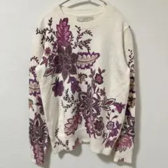 【美品】LOFT ロフト 花柄 刺繍 ジャガード ニット セーター ホワイト S