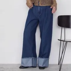 ワイドストレートターンバックデニムパンツ M