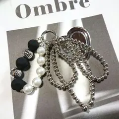 ハート型ミラー付きパール&シルバー♪ストラップ キーホルダーじゃらキーお洒落さん