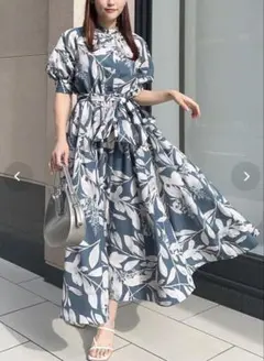 rienda リーフ柄ワンピース ブルー