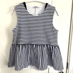ZARA ペプラムブラウス ノースリーブ 紺白 ストライプ