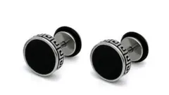 丸形 マーブル チタン 8mm スタッドピアス 黒×銀 (両耳用)