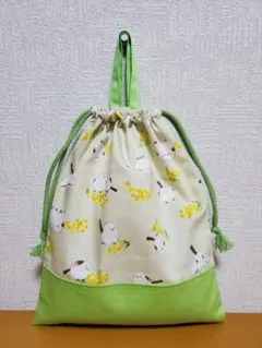 持ち手付き巾着袋 上靴入れ お道具袋 シマエナガとミモザ きみどり
