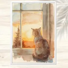 A4 窓の向こうの夕焼けを見つめる猫 水彩画アート ウォールアート インテリア