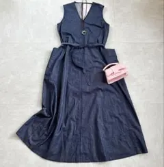 美品◇VIRINA リンジーワンピース 撥水 パール ドッキング◇ネイビー
