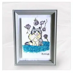 「ブルーの毛布の上でくつろいでいる猫」　原画 イラスト ハンドメイドRose 作