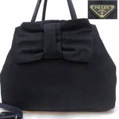 プラダ ハンドバッグ リボン 2way ショルダー レザー×ナイロン 黒