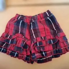 フリル付き赤黒チェックハーフパンツ　女の子　90cm
