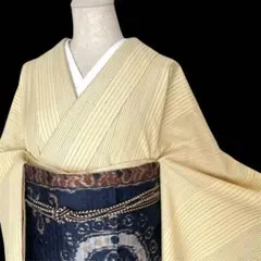 しつけ付き 爽やか黄色 縦節縦縞紬 正絹小紋着物