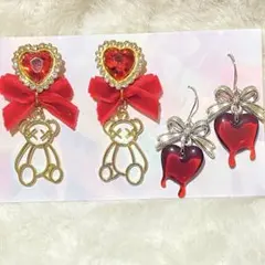 赤　リボン　クマ　メルティ　ハート　ビジュ　カワイイ　ゴスロリ　サブカル　SET