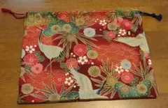 和柄 鶴と花の巾着袋